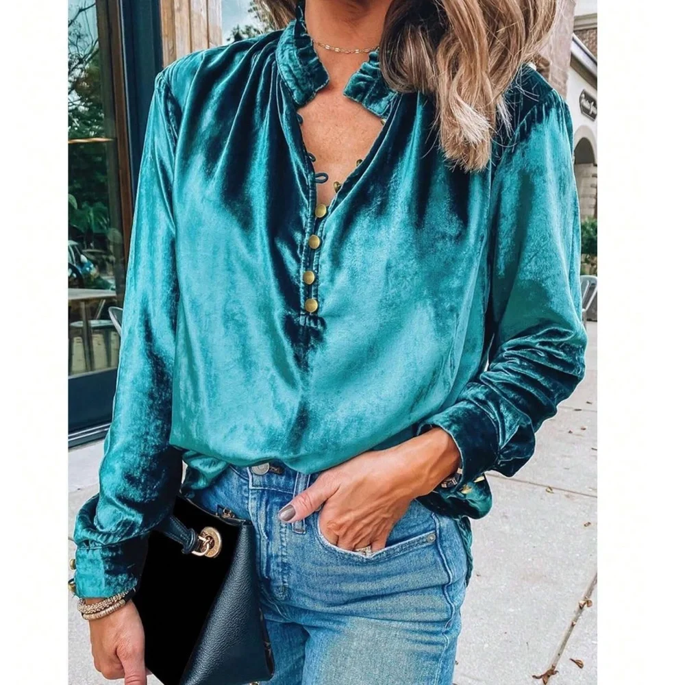 Luxe Teal Green Velvet Button up Frill Neck Long Sleeve Top - Picture 4 of 5